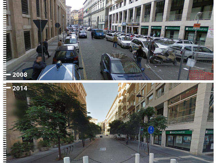 A bustling street in Napoli, Italy, becomes a tranquil walkway.