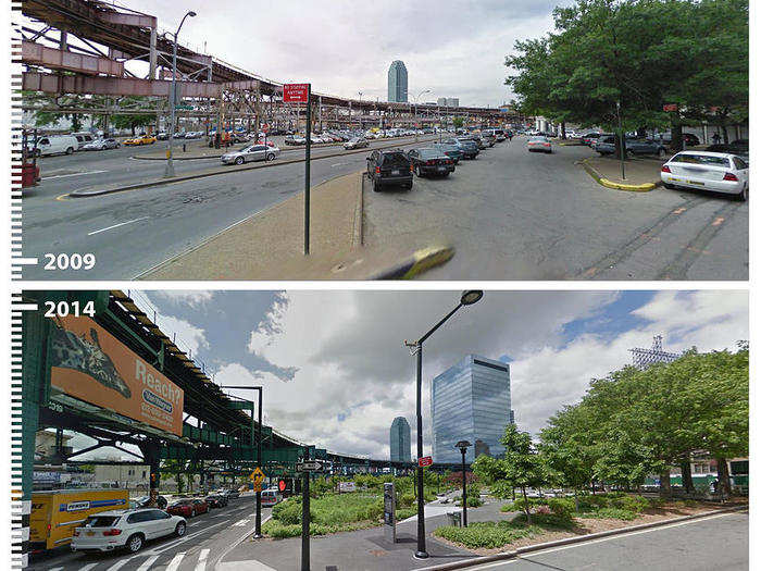 A park takes the place of a parking lot in Queens.