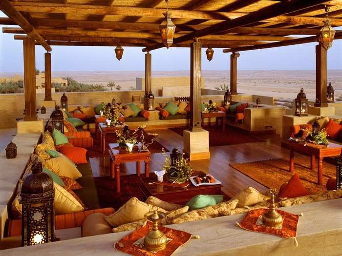 The Al Sarab Rooftop Lounge, located in the Bab Al Shams Desert Resort of Dubai, overlooks miles of the Arabian Desert and offers breaking views during sunsets.