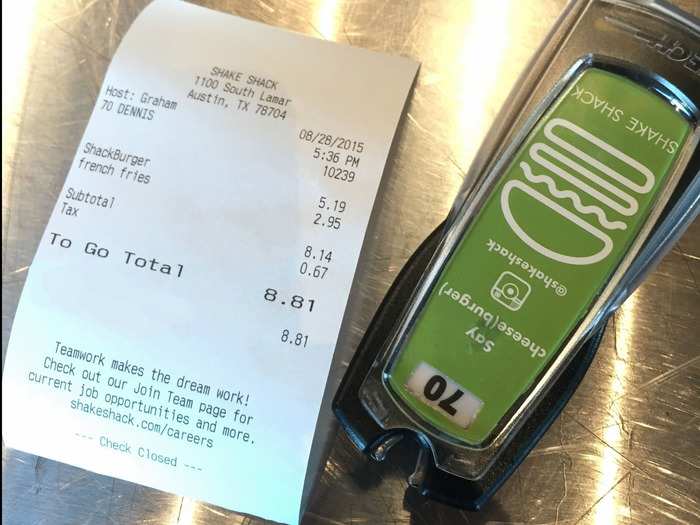 The total came to $8.81 — a bit pricey for Texas fast food, but this is Shake Shack. I sat down with my buzzer and waited.