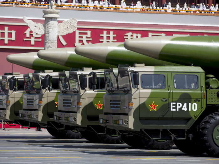 China was keen to show off their ballistic anti-ship missiles, like the "carrier killer" DF-26 pictured below.