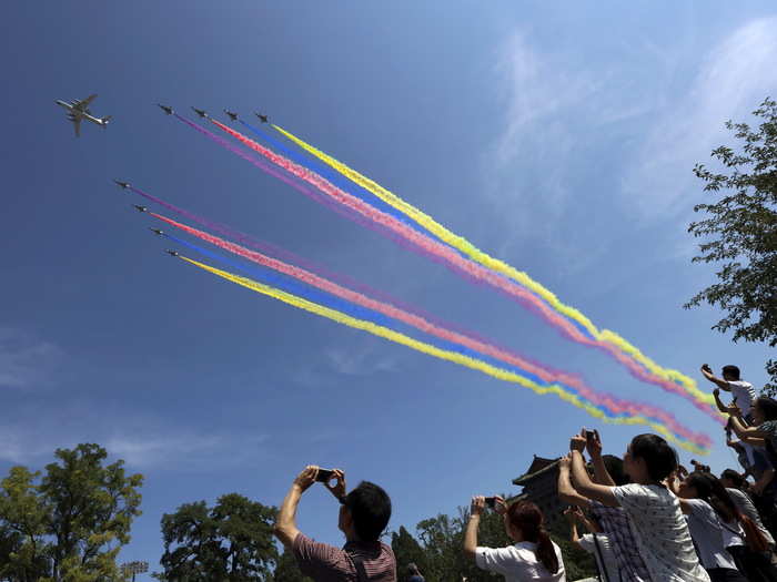 China took pains to ensure that the skies would be clear and blue for the parade, reportedly ordering factories in Beijing to close in the preceding days.