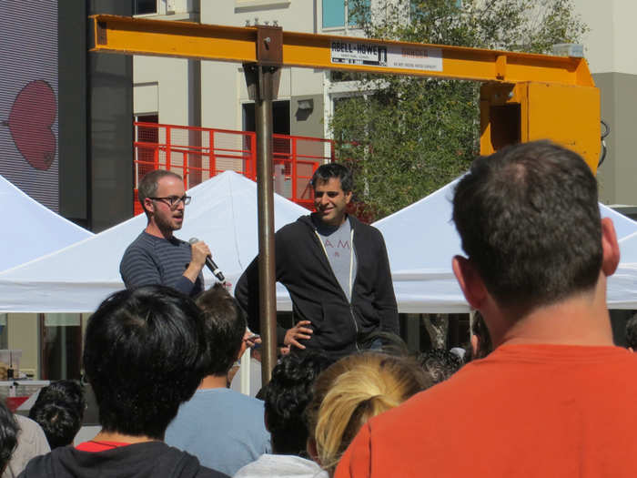 "The crane" — The yellow fixture in the middle of Hacker Square serves as the launching point for all hackathons and is a stage for many guests to come talk to Facebook employees.