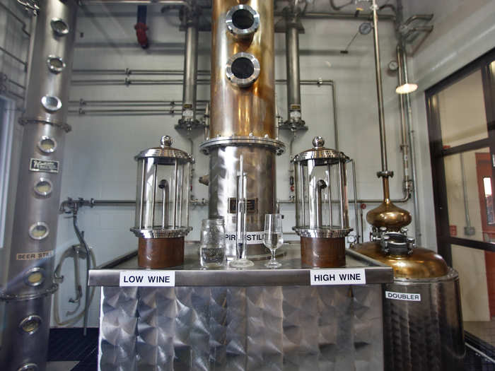 The low wine — which is 125 proof and 62.5% alcohol — flows into a doubler for another distillation.