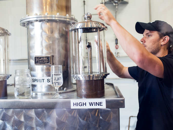 This distillation condenses the vapor into "high wine," which is less than 160 proof and 67.5% alcohol.