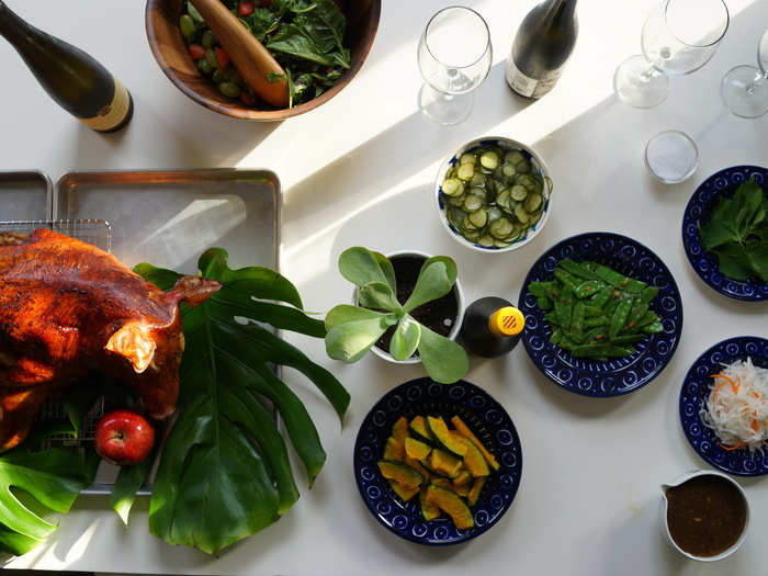 Our setup, complete with a refreshing watermelon salad chef Miguel made for us.