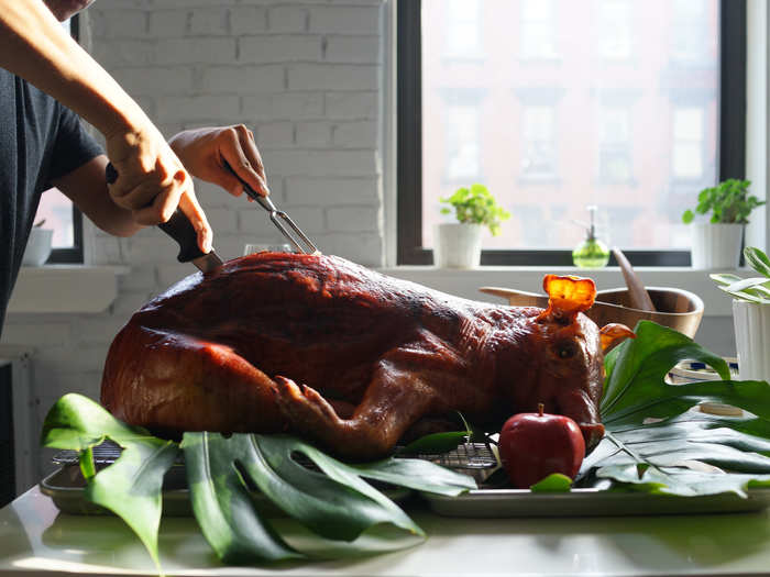 Time to carve. Bao got out his knife kit and began, as Julia instructs, by making a cut down the spine.