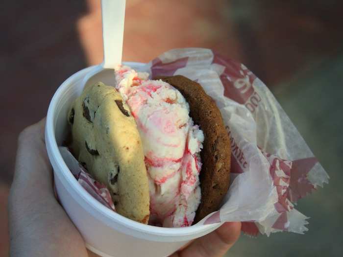 Satisfy your sweet tooth with a delectable ice cream sandwich made from your choice of two soft cookies at Diddy Riese. The best part is each sandwich is only $2.