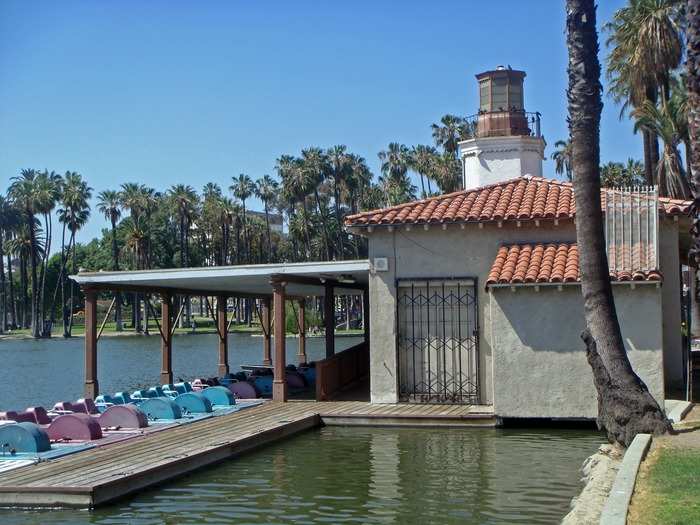 In the summer, enjoy a relaxing pedal boat ride on Echo Park Lake.