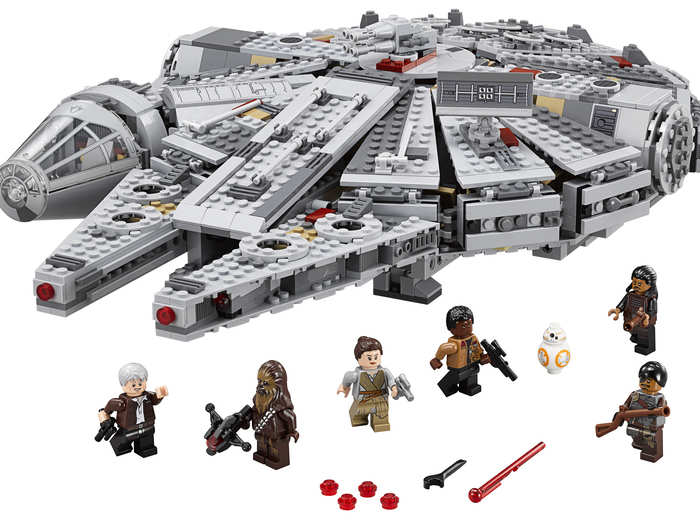 The Millennium Falcon also comes with seven figures: an older Han Solo, Chewbacca, Rey, Finn, Chewbacca, Tasu Leech, a Kanjiklub gang member, and droid BB-8.