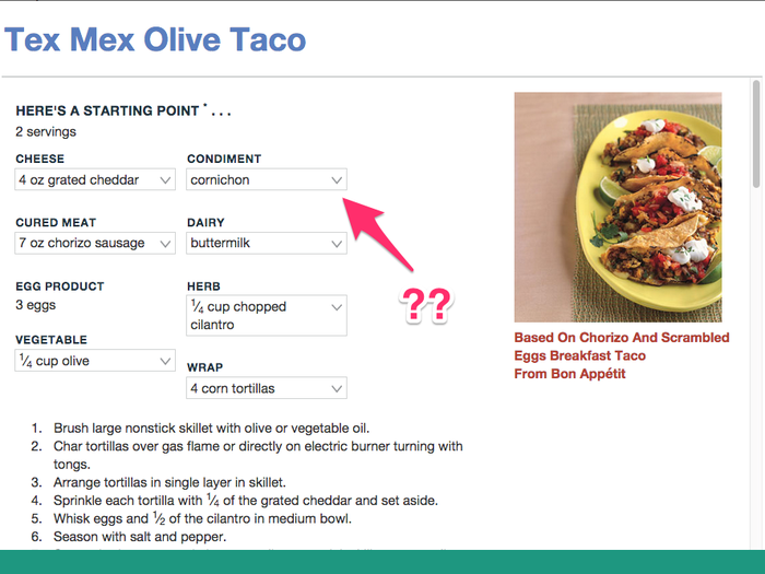 Finally! Something doable and appetizing: the Tex Mex Olive Taco. It