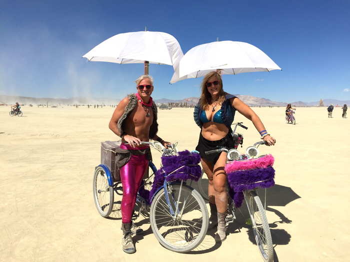 These bikes with umbrellas were functional to keep the sun off riders