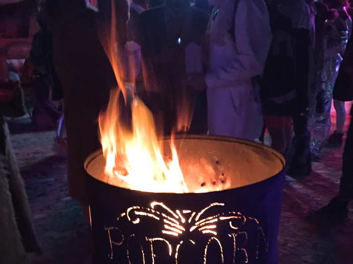 Because no garbage can be left behind at Burning Man, all popcorn bags and leftovers were burned in this bin.