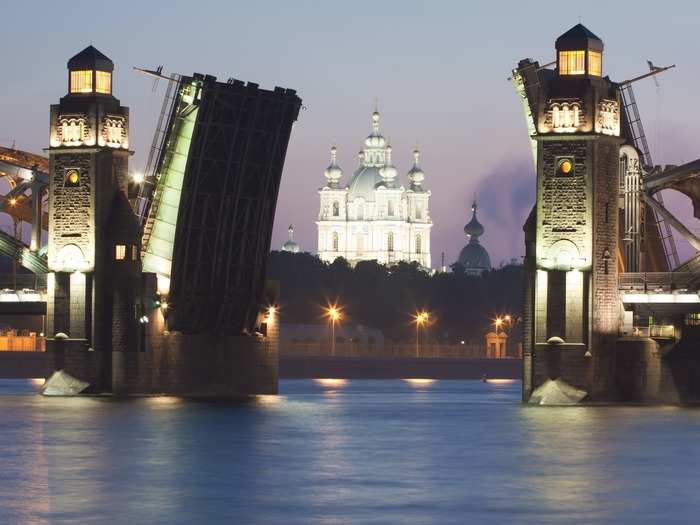 The Palace Bridge sits over the Neva River and is one of the city