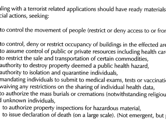 Most bizarrely, the New Jersey state judiciary came up with a plan to appoint six "domestic security judges" to rule the state in the event of an emergency. This document describes their powers, which include ordering mass burials and government control of private property.