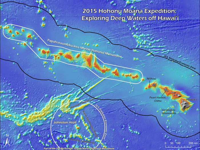 This expedition explored the deep waters around the Papahanaumokuakea Marine National Monument in the Northwestern Hawaiian Islands. Throughout this summer and fall, the scientists plan to map 21,622 square miles of the seafloor that