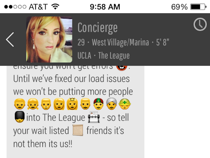 Every user on The League has a "concierge" who answers your questions about the app and lets you know about in-app updates.