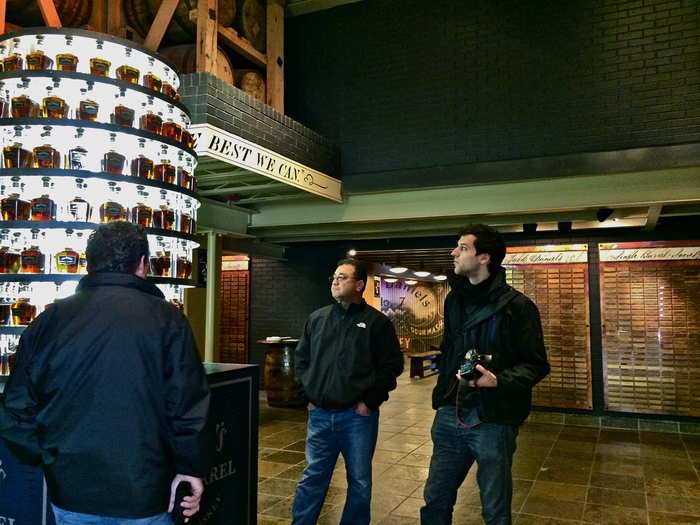 The walls of this room are covered with name plaques of those who purchase a barrel of Jack Daniel