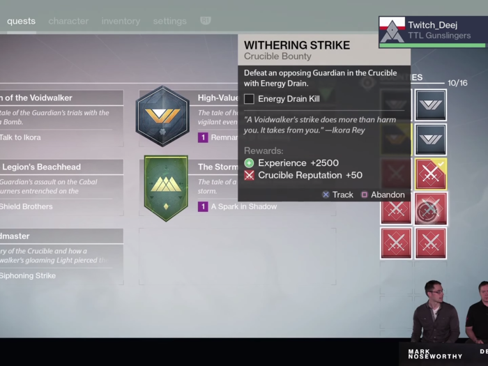 On this page you can see all your active quests and bounties. Quests are a new addition to "Destiny," and the bounties limit has been increased from 10 to 16.