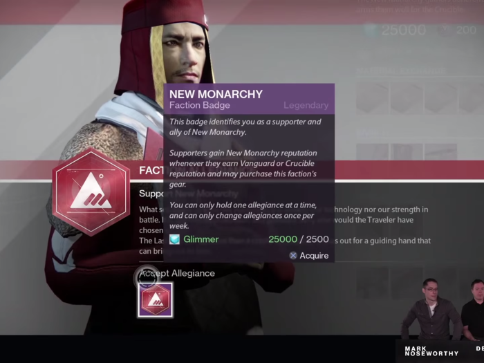 You can also join factions in "Destiny" — they reward you with themed gear like weapons and armor. You can pledge a new faction once a week.