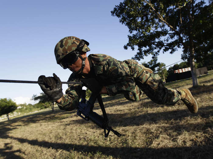 Mexican marines, meanwhile, have to learn to crawl across a thin metal wire without falling.