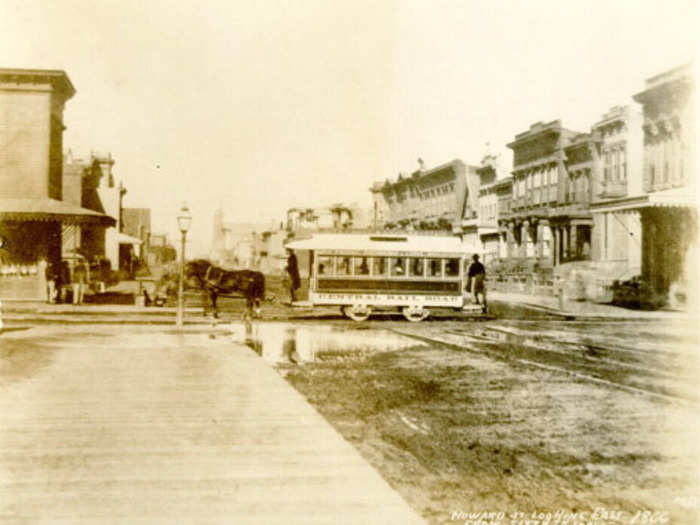 Howard Street, looking east from Sixth Street, (horse car), 1866