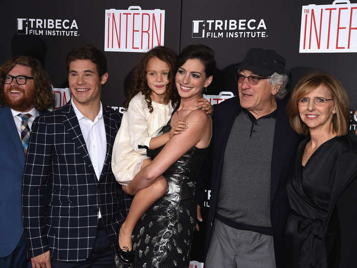 And of course, the whole cast of "The Intern" was there, including Robert (Bob) De Niro, Anne Hathaway, Anders Holm, and Andrew Rannells. Here they are with director Nancy Meyers, who is on the right.