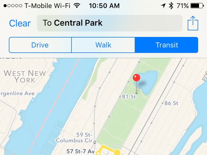 To use public transit directions, just type in where you want to go and select the new "Transit" option next to "Walk" and "Drive." At the bottom of the screen, Maps will suggest the quickest route to get to your destination.