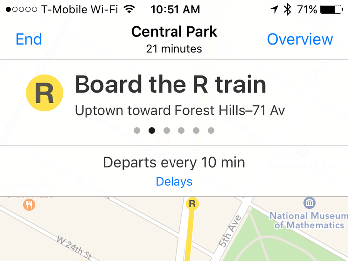 Maps tells you how often a subway or bus departs from each stop. Apple has done detailed mapping of subway stops to help you visualize their layouts.