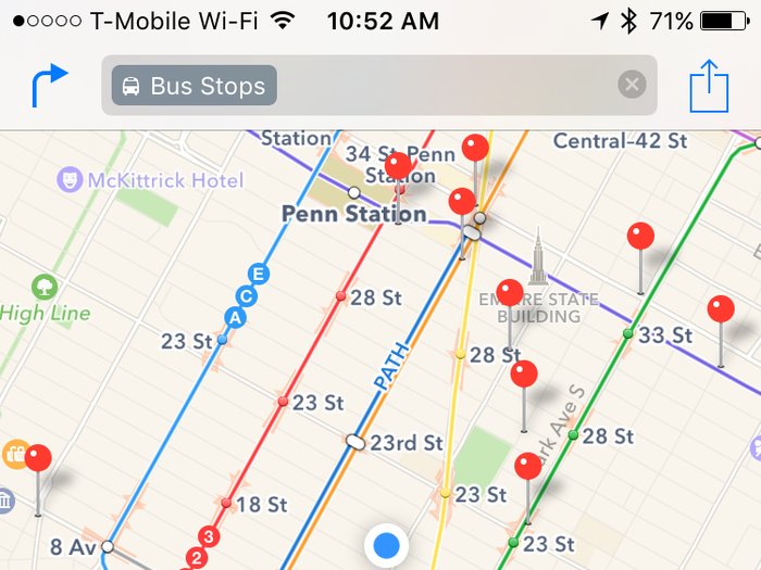 Tapping on bus stops, for example, will show pins for all the nearby stops in your area.