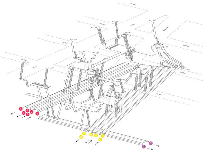 The first step is walking from the entrance to the turnstile of each exit.  Here