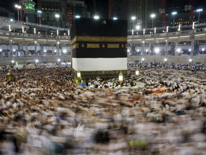 The final destination is the Kaaba — a black cube-shaped structure believed to have been constructed by Abraham as a place of worship. Billions of Muslims? pray towards this structure every day of the year.