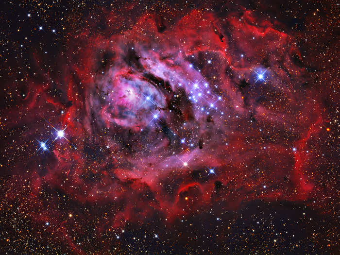 Rhemann would also go to Namibia in Southwest Africa to photograph how the skies looked from the Kalahari Desert, a large open stretch of land, experimenting with what worked best. The Constellation Sagittarius (M8) here, also known as the Lagoon Nebula, is very hard to see just with the naked eye.