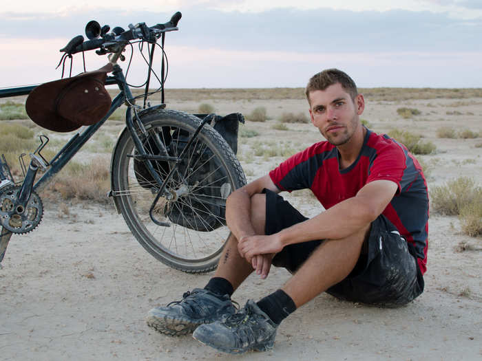 In Baku, the capital of Azerbaijan, he met up with another British bicyclist, Jon, who was heading east. They both crossed the Caspian Sea by ferry and were soon biking through the desolate deserts of Uzbekistan.