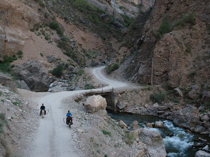 East of Dushanbe in Tajikistan, rolling hills quickly changed to rocky mountains.