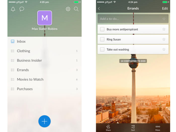 Wunderlist is the best task-management app available right now. Easy to use but powerful, the app combines the best features of some of the more professional to-do services with the ease of any other app. Lists and tasks are synced between devices too.