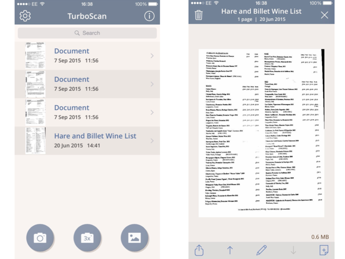 Turboscan lets you easily create PDF documents just by taking images. The app encourages you to take three pictures, from which it creates high-resolution PDFs that can easily be shared via email.