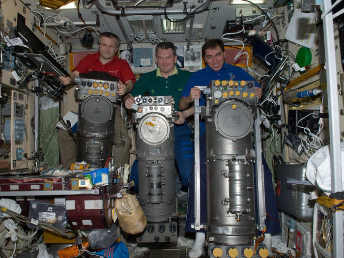 SCIENCE FACT: On the International Space Station, the Oxygen Generation System dissects water to produce two hydrogen atoms, which is often discarded to space, and one oxygen atom, which is released into the cabin for the astronauts.