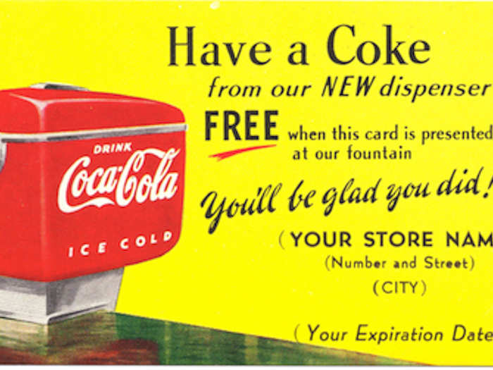 Coca-Cola believes it invented the concept of the coupon. The company distributed sample coupons in late 1886 and the company believes it was the reason the drink spread from the small population of Atlanta to every state in the US by 1990. Between 1886 and 1914, one in 10 Cokes were given away for free.