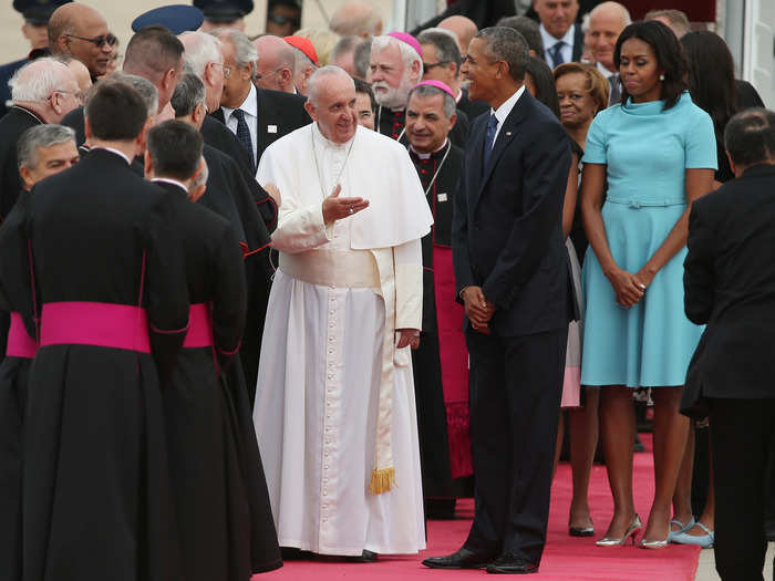 The pope was greeted by President Barack Obama and First Lady Michelle Obama, as well as by other political and Catholic leaders.