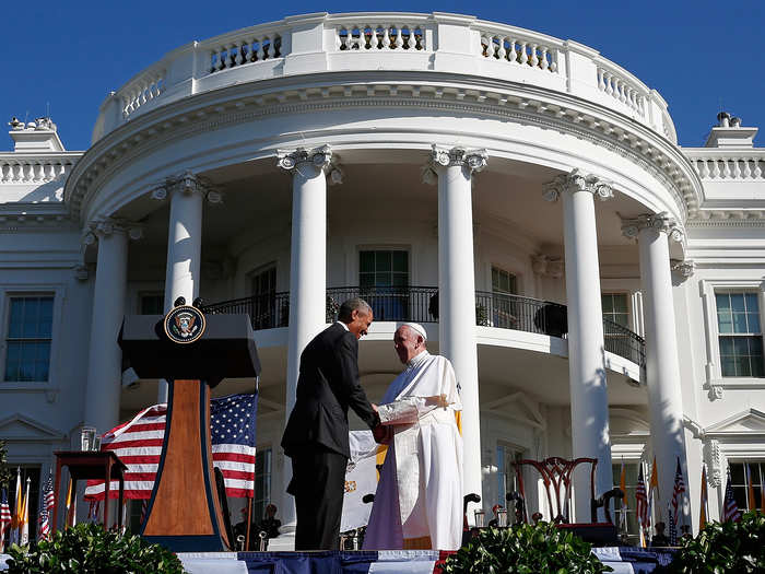 President Obama shakes hands with Pope Francis during the arrival ceremony at the White House on Wednesday.