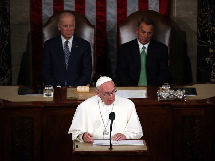 During his speech, the pope addressed the topics of immigration, global warming,  prison reform, the arms trade, wealth inequality, and the role of money in the political system.