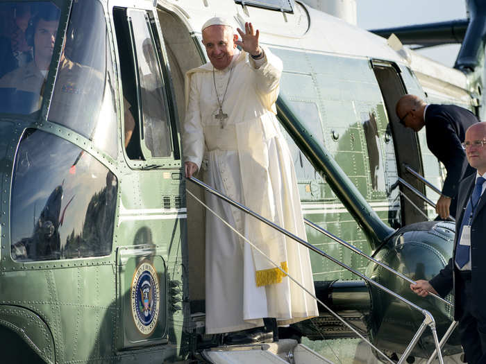 He then hopped in a helicopter to get into the city.