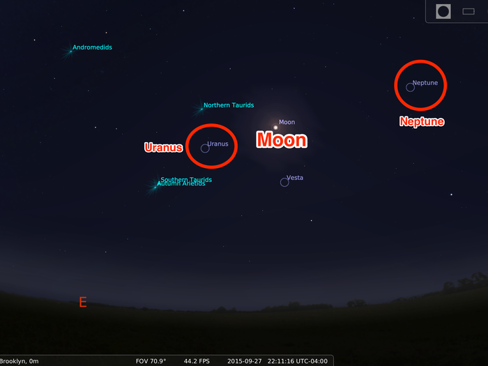 When totality begins at 10:11 p.m. ET, the moon will begin to turn a deep blood-red color. Look to either side of the moon with a telescope and you can see the planets Uranus and Neptune. Here