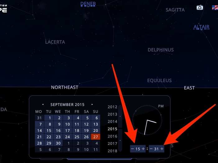 Change the date and time to whenever you plan on watching the eclipse. On the US East Coast, totality begins at 10:11 p.m. EDT, peaks around 10:47 p.m. EDT, and goes until 11:23 p.m. EDT.