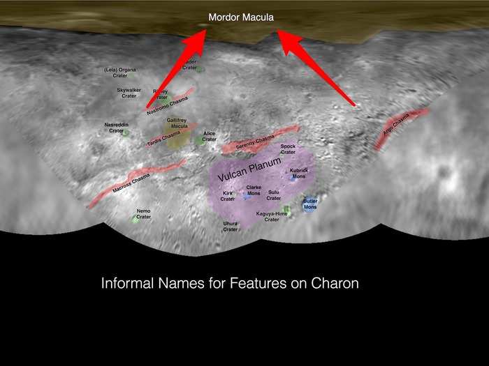 And since Pluto got a "Lord of the Rings" reference, it seems only fitting that its moon has one too — the huge dark spot on Charon