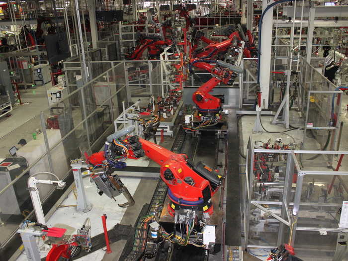 In all, the Tesla production line deploys more than 150 robots.