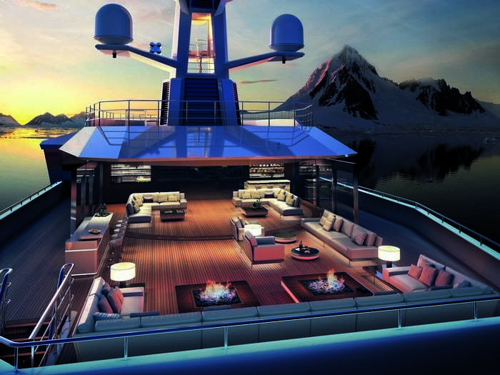 The top deck Sky Lounge has multiple fire pits to keep guests warm.