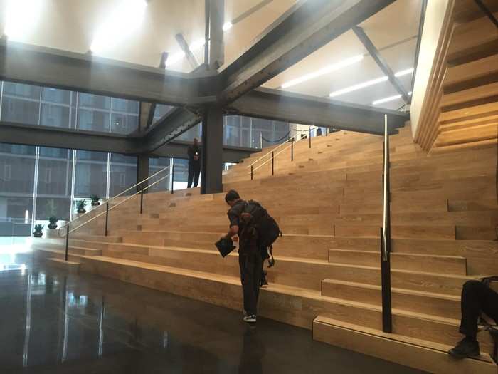 This is the "Hill," a combination amphitheater/aggressively strenuous staircase that connects the first floor to the second, and can also be used for company presentations.