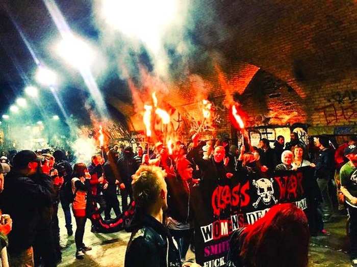 And on Saturday hundreds of protesters attacked a Cereal Killer Cafe in east London, daubing the word “scum” on the shop window and setting fire to an effigy of a police officer.